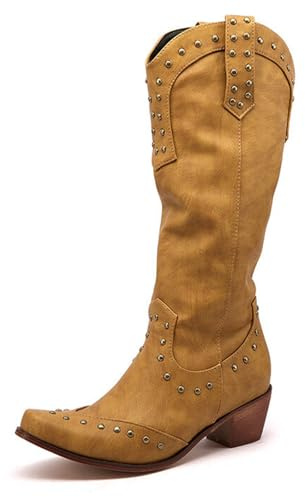 Botas Cowboy de Cuero con Tachuelas para Mujer Punta Afilada Tacón Alto Botas Altas Retro Vintage Estilo Western Moda Casual,Amarillo,38 EU