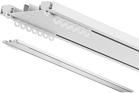 Binario per tende e sopratende arricciate a 2 canali - installazione a soffitto - movimento tenda manuale (NO corda) - in alluminio dim. 9x1 cm, completo per l’installazione (CM 200)