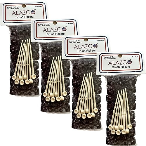 ALAZCO Vintage Style Hair Roller Set: 32 Pc Mini Small Brush Rollers & Pins Mesh Hair Curlers With Bristles - 2x 1/2 Flexible Locking Pins - Short & Kids' Hair