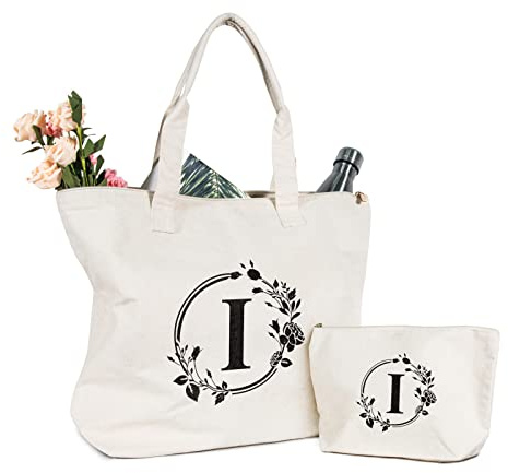 TOPDesign Initial Canvas Tote Bag, Personalized Present Bag, Suitable for Wedding, Birthday, Beach, Holiday, is a Great Gift for Women, Mom, Teachers, Friends, Bridesmaids (Letter I)