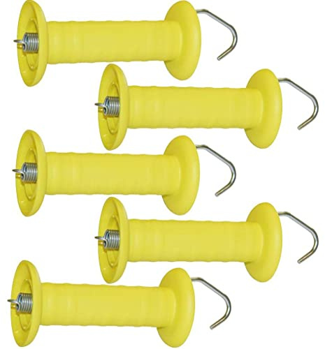 Agrarzone 5x Maniglia per recinto elettrico con gancio e molla di tensione giallo - Robuste e sicure in metallo zincato anti-ruggine - Per bovini, ovini, caprini e cavalli