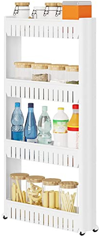 WOLTU Carrito Auxiliar con Ruedas de 4 Niveles, Carrito de Cocina Estrecho, Carrito de Almacenamiento para Cocina, Baño, Lavandería, Ahorro de Espacio, 13x54x102 cm, Blanco