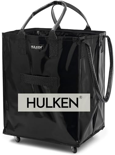 HULKEN - Large Black Shopping Trolley on Wheels Foldable & Reusable - Rolling Shopping Bag with Wheels - Wheeled Tote - 66 lb Limit, Zipper Closure, Water-Resistance, & Unbreakable Handles