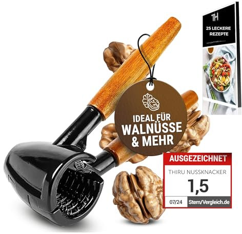 Thiru Nussknacker mit edlem Holzgriff 16cm - 100 Tage risikofrei testen - Nussknacker für Walnüsse Hasel-, Paranüsse - ohne Kernzerquetschung - inkl. E-Book mit Rezepten - Leichte Kraftübertragung