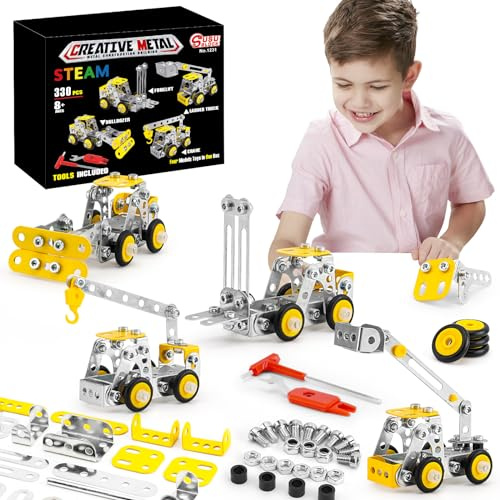 BESTYMXY Stem Building Toys, Metal Engineering Vehicles Model kit, 330 PCS Building Sets for Boys Age 8-12, 4 Models Construction Vehicles Learning Toy Metal Models