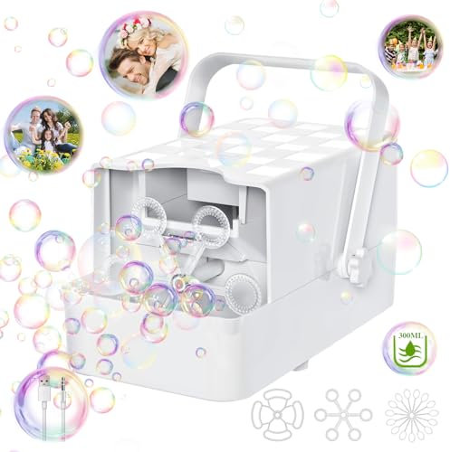 Babuloo New Bubble Machine, Automatic 3 In 1 Bubble Blower 3 Types Bubble Wands 10000+ Bubbles for Kids Babies, 2 Speeds Portable Outdoor Bubble Maker Toys with 300ml Tank for Summer Party Wedding