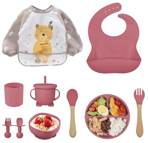 Set de Repas Bébé 10 Pièces avec Assiette à Ventouse - Ensemble Comprend Bol, Bavoir et Cuillère d'Apprentissage - Plateau en Silicone Anti-dérapant à Compartiments