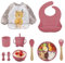 Vajilla de Bebé Silicona, 10 piezas Juegos de vajilla infantil, Cubiertos con plato ventosa, Tenedor con mango de madera, Babero Set Platos de Succión para Bebés, Juego de Platos Vajilla