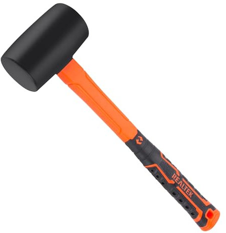 REALTEK Mazo de goma negra de 450 g, martillo de goma maciza con asas de fibra de vidrio, martillo suave, 65 mm de diámetro, 36 cm de largo, martillo de goma para losas, albañilería, mazo de pavimento