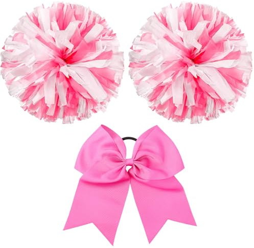 Hanaive Cheerleading Pom Poms and Large Cheerleader Hair Bow for Girl, 3 Count (12 Inch Large Metallic Pink and White Mixed, Matte) for Sports Team Spirit Cheering