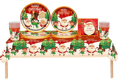 69pcs Christmas Paper Party Tableware Set Plastic Table Cloth,Paper Plates Napkins Serviettes and Cups,Merry Christmas Decoration Santa Elf Red Dinnerware Set for Winter Holiday Xmas Party Table Decor