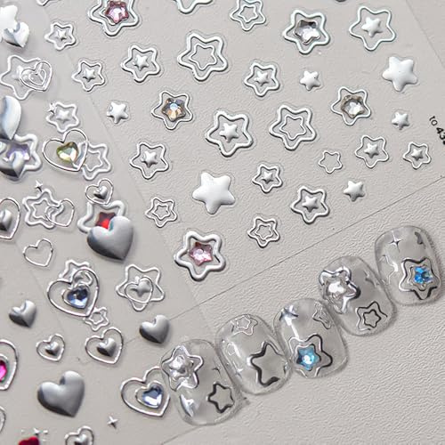 Kristall Herz Stern Nagelsticker Silber Ausgehöhlt Rhinestones Herzen Sterne Nail Sticker Y2K Strass Love Heart Star Nagelaufkleber Gelee Geprägt Nageldesign Nagel Sticker Nagel Zubehör Nail Art