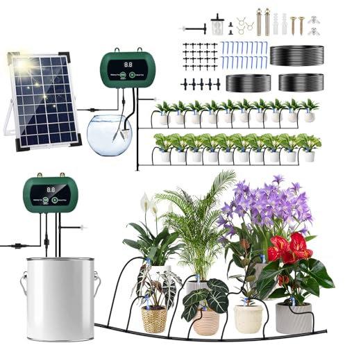Irrigation System Kit,Solar Drip Irrigation System 20 Drippers,Multiple Combinations of Automatic Watering System with 20M irrigation pipes Self Watering System for Plants,Greenhouse,Garden,Balcony