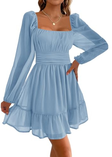 Imily Bela Robes pour Femmes, Col Carré, Robe de Soirée en Maille, Mini Robe à Taille Haute, Plis, Manches Longues, Robe de Mariée pour Invitée avec Volants, Bleu Clair, M