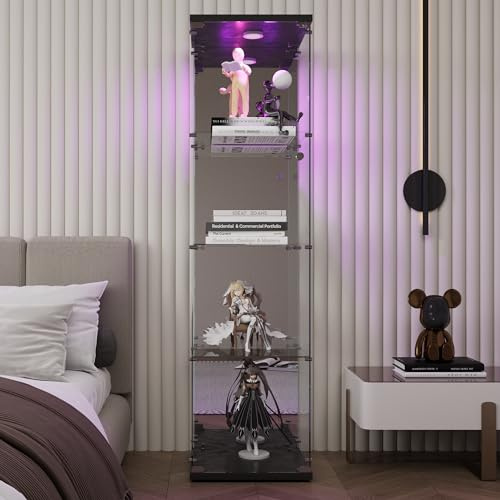 JDEFARF Vitrina de vidrio con 4 estantes, jaula de exhibición de pie, armarios curiosos para sala de estar y dormitorio, estantería de vidrio de pie, blanco (negro + luz, puerta individual)