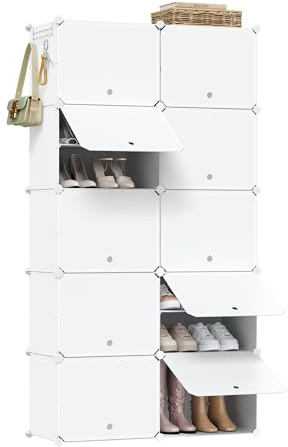 WOLTU Meuble Chaussure, Rangement Chaussure avec 10 Compartiments, pour 40 Paires, Boîte à Chaussures Empilable, Étagère Chaussures en Plastique, avec Portes, Blanc