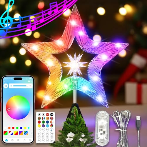 10 Christmas Tree Star Topper with Lights, Shatterproof Plastic Star Christmas Tree Topper Lighted for Christmas Tree Decorations, RGB Glow & USB Plug in