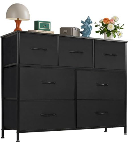 OLIXIS Dresser for Bedroom, 7 Storage Drawers, Wide Fabric Closet Chests Organizer Tower Furniture, TV Stand with Wooden Top Metal Frame for Clothes, Living Room, Hallway, Entryway, Black