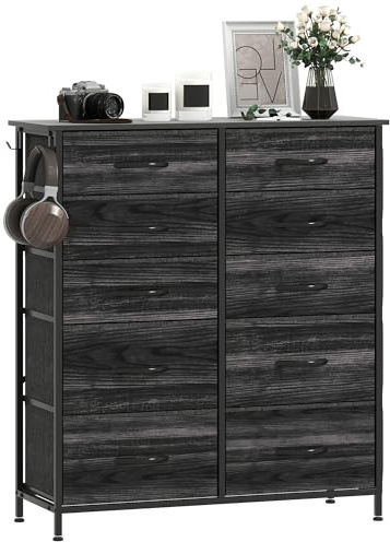 HOMCOM Chest of Drawers, Double Dresser for Bedroom with 10 Fabric Drawers, Tall Storage Unit with 4 Pockets, 2 Hooks and Steel Frame for Living Room, Hallway, Black