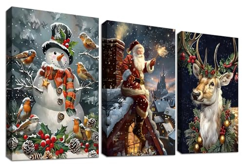 3 Pcs Wooden Framed Canvas Wall Art Christmas Santa on the Roof Canvas Prints Reindeer Snowman Birds Painting Winter Pictures for Living Room Bedroom Hallway Stairs Holiday Wall Decor 50x70 cm x3pcs