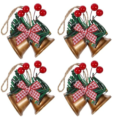 4 Pcs Christmas Bells, Gold Christmas Bells Pendant with Red Berry Bow, Crisp Sound Gold Xmas Tree Bell for Xmas Holiday Decoration Supplies