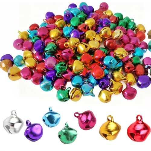 150 Unidades Campanillas Navideñas 12mm para Manualidades,Cascabeles Pequeños con Asa,Ideales para DIY,Decoración de Árbol,Regalos y Mascotas (Colorido,Plano)