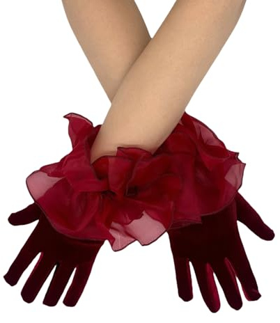 Luyismer Romantik spets trimmade sammetslen brudhandskar volanger korta handskar för eleganta ceremonier och festivalfotografering brud, Röd, one size