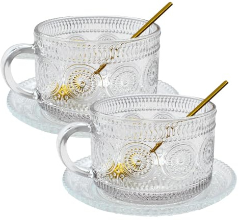 CXRYLZ-FUR 2 stycken glas kaffekoppar set, stora teglas med handtag 2 glas fat 2 skedar, kristallglas glakoppar med fat för cappuccino, te, latte, macchiato, iskaffe, mjölk