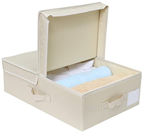 Amonsen Folding Stackable Storage Boxes with Flip Top Rigid Lid, Closet Wardrobe Shelves Storage Cubes, Ideal for Socks, Underpants, Scarves in Narrow Shallow Space 52X 36X 16(H) cm, Beige