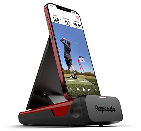 Rapsodo mobil startskärm för golf inomhus- och utomhusbruk med GPS satellitvy och professionell nivånoggrannhet, endast iPhone och iPad, svart/röd | Inom- och utomhusgunganalysator och spårare | GPS satellitvy | Bollhastighet, klubbhastighet och startvinkeldata