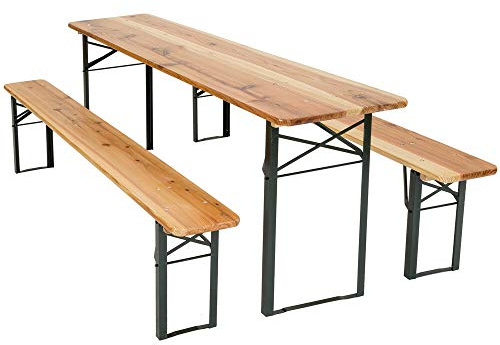 Cruise Tech West Wood Outdoor Wood Wooden Vintage Folding Beer Table Bench Set Trestle Party Picnic Pub Garden Furniture Steel Leg