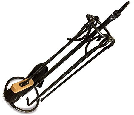 Serviteur cheminée acier avec anneau supérieur | 4 accessoires | Socle + pelle + balayette + tisonnier + pince | Kibros 4SC0033