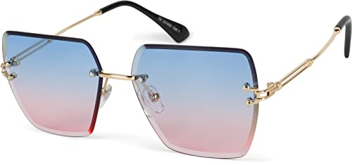 styleBREAKER Damen Sonnenbrille ohne Rahmen mit eckigen Polycarbonat Gläsern und Diamantschliff | UV400 Verlaufstönung | Metallbügel verstellbare Nasenpads, Gestell Gold/Glas Blau-Rosa Verlauf