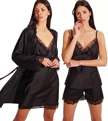 Laura in - Conjunto de Pijamas de Seda Satén para Mujer con Encaje. 5 Piezas, Bata, Camisón, Top, Pantalones y Cortos. Suave, Fluida, Elegante y Sedosa.NegroS1106