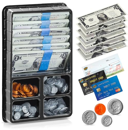 Play Money Set for Kids, Fake Pretend Cash – Looks Real, Best Toy Currency for Fun and Learning – Kit Includes: Bills, Coins, Credit Card, and Checkbook