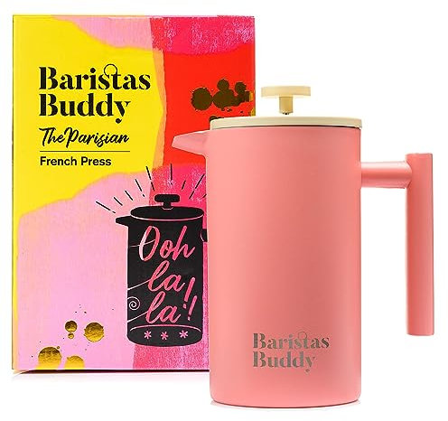 BaristasBuddy Süße rosa French Press Kaffeemaschine – bunt, retro und stilvoll, isolierter Kaffeebrauer – große Größe brüht 4 Tassen
