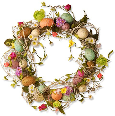 Kdtoll Osterkranz, Türkranz Ganzjährig mit Ostereiern, Türkranz Frühling Groß 45cm, Frühlingskranz Haustür zum Aufhängen, Osterdeko für Draußen, Wand, Fenster