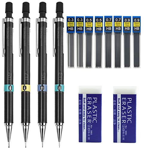 14 Stück Druckbleistift Set, 0,3/0,5/0,7/0.9 Mechanical Pencil Minenbleistifte Kinder Fallminenstift Metall Automatische Bleistifte Mit 8 Bleistiftminen HB 2 Radiergummi Für Schreiben Zeichnen