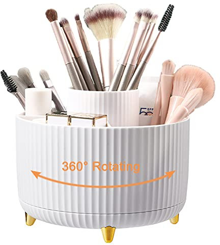 NUODWELL 360° Rotating Makeup Organiser, Creative Makeup Brush Holder with 5 Compartments, Desk Tidy Organiser Pencil Holder for Dresser, Bedroom, Bathroom, Office（White）