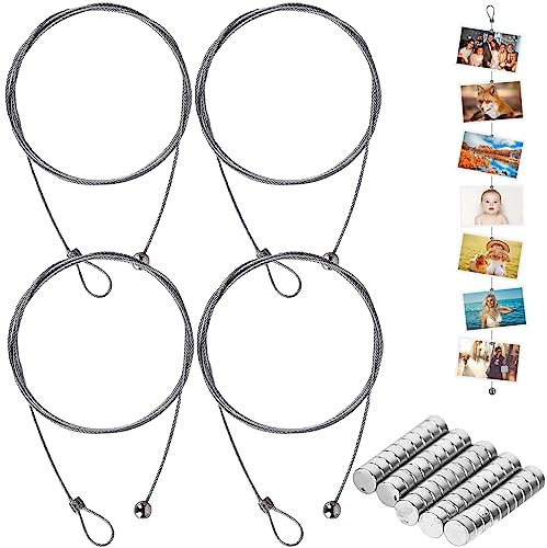 4 Stück Edelstahl Draht Seil: 1.5 m x 2 mm Fotodrahtseil mit 48 Knopfmagnete, Einstellbar Edelstahl Fotoseil Drahtseil Magnetisch Magnetseil für Aufhängen Foto Postkarten Gardinen Lampe
