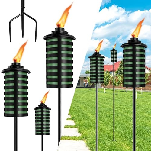 FAN-Torches Paquete de 6 antorchas de jardín para el hogar, 473 ml, decoración de jardín de metal verde, antorchas de citronela mejoradas de 59 pulgadas con estaca de 3 puntas, antorchas de luz de