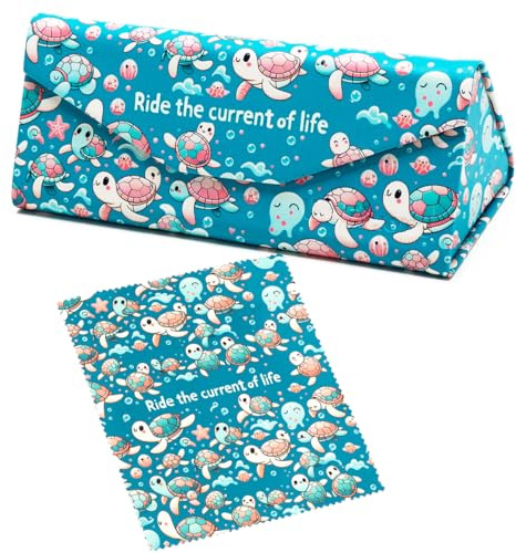 WoEluone Cute Turtle Foldable Eyeglasses Case and Matching Eyeglass Cloth,Portable Eyewear Protector Pressure-Proof Sunglasses Case