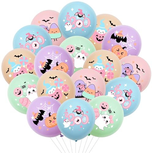 Kreatwow 40pcs Pastel Halloween Balloons Pastel Halloween Birthday Decorations Vintage Balloon Boo Balloons Decor with Spider Ghost Bat Print for Spooky One Birthday Happy Boo Baby Shower