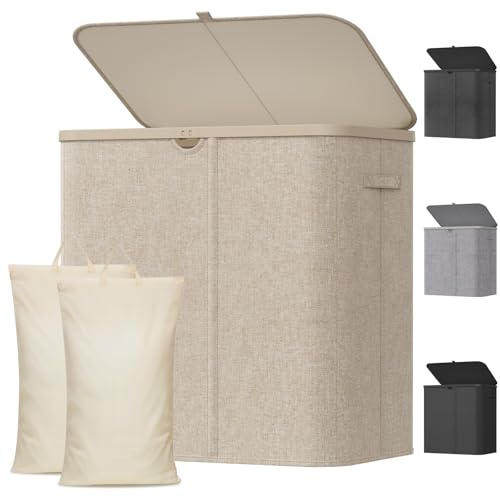 Lifewit Cesto Portabiancheria, Cesta Panni Sporchi con coperchio, Laundry Basket con Plastica Manici, Porta Biancheria Sporca per Bagno, Lavanderia, Camera da Letto, 140 L, Beige