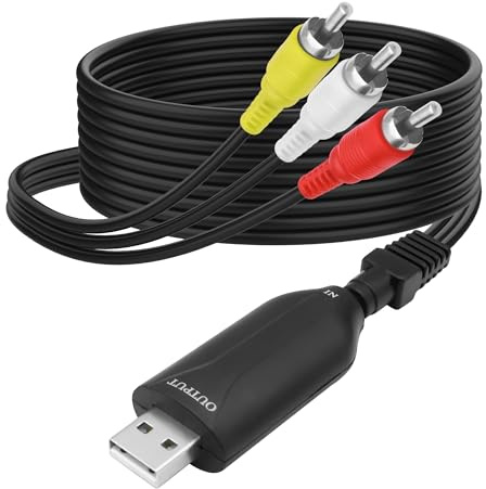 MEIRIYFA Carte de capture audio vidéo USB 2.0, VHS VCR vers convertisseur numérique USB 2.0 mâle vers 3 RCA mâle, adaptateur composite AV pour PC, ordinateur portable, projecteur, lecteur DVD – 1,5 m
