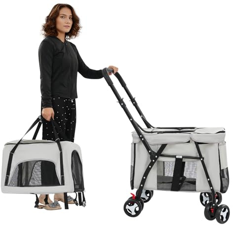 Vikbar dubbel husdjurstroller med avtagbar transportlåda, 51 x 64 x 105 cm, grå, tillverkad av kolstål och oxfordtyg, för katter och hundar, perfekt för promenader och parkutflykter