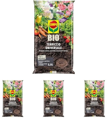 COMPO BIO Terriccio Universale, Per Piante Orticole, Aromatiche, Ornamentali e da Fiore, Consentito in Agricoltura Biologica, Sacco 2,5 L (Confezione da 4)