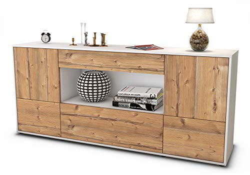 Stil.Zeit Sideboard Elodie, Korpus Weiss matt, Front Holz-Design Pinie (180x79x35cm) Push-to-Open Technik & Leichtlaufschienen
