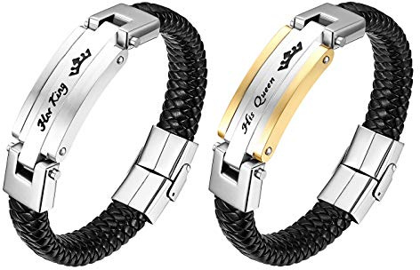 Flongo manschettarmband, män kvinnor rostfritt stål keltisk hans drottning och hennes kung flätat läder rep armband armband, 22,5 cm kedja manschett armband för män jul alla hjärtans dag, 20 cm, Läder