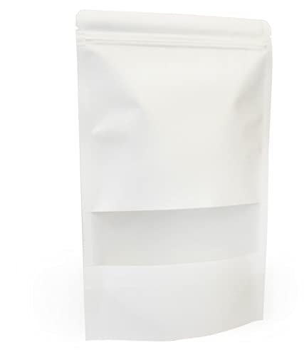 Evergreen Goods 50 pezzi di sacchetti di carta kraft bianca per alimenti (200x300mm) | Sacchetti con chiusura lampo robusti e riutilizzabili con finestra | Sacchetti da imballaggio richiudibili